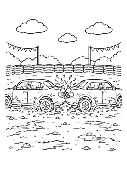 Two cars crash trunk to trunk in a muddy arena on this derby car coloring page.