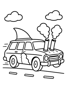 A fun derby car coloring page featuring a station wagon with smoking hood pipes and a shark fin on the roof.