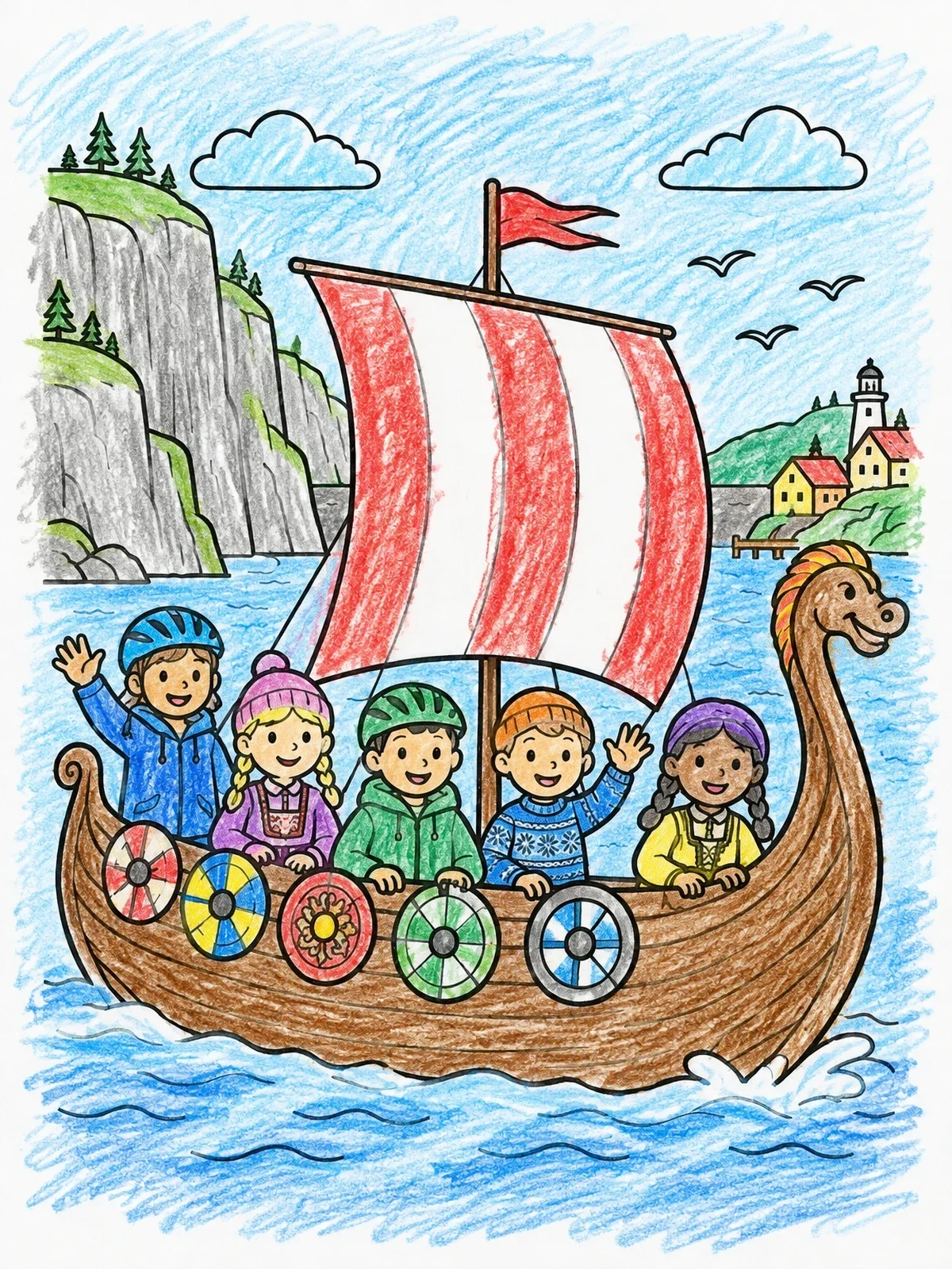 Colored example of the Children Sailing On A Viking Ship coloring page