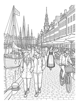 A detailed denmark coloring page showing people strolling and cycling by the canal boats in Copenhagen.