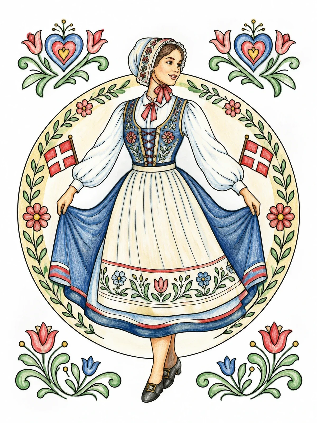 Colored example of the Danish Folk Dancer In Traditional Dress coloring page