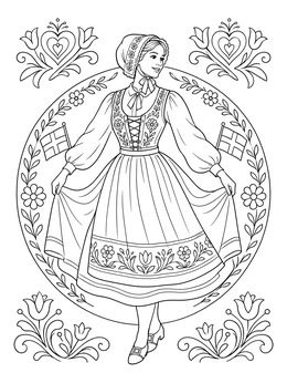 Danish folk dancer in traditional costume featured on this denmark coloring page.