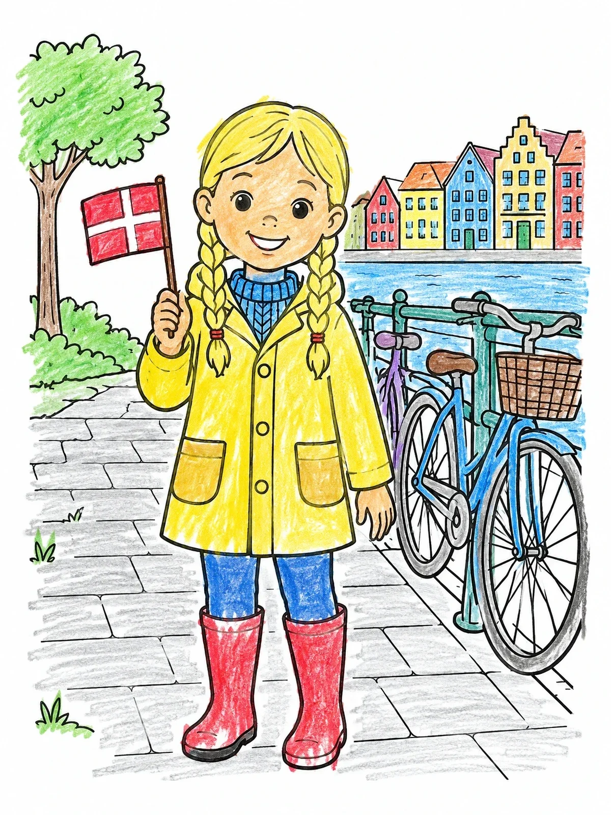 Colored example of the Danish Girl With Flag By The Canal coloring page
