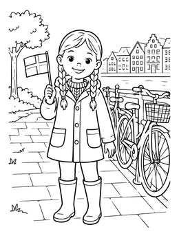 Free printable Danish Girl With Flag By The Canal coloring page