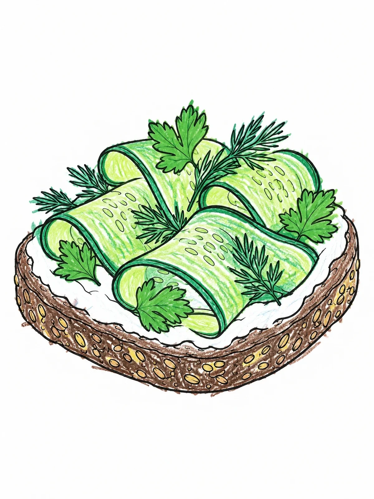 Colored example of the Danish Smorrebrod With Cucumbers And Herbs coloring page