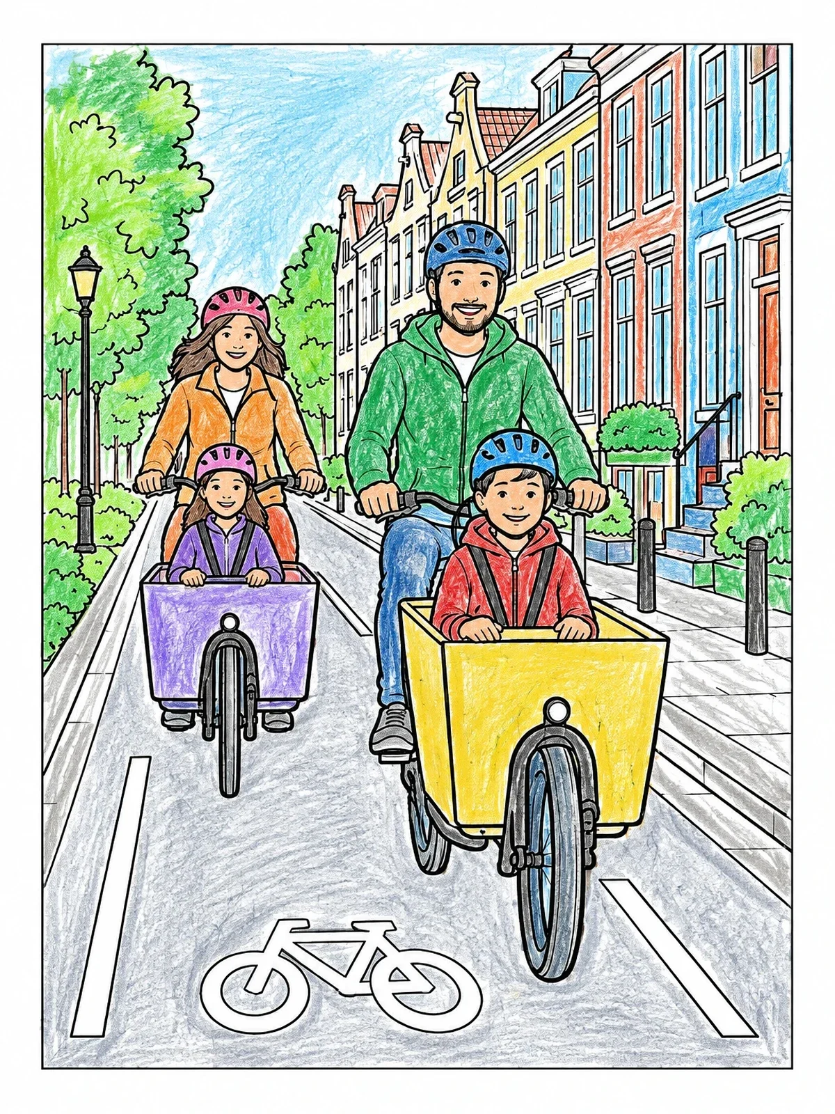 Colored example of the Family Riding Cargo Bikes In City coloring page