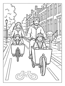 Free printable Family Riding Cargo Bikes In City coloring page