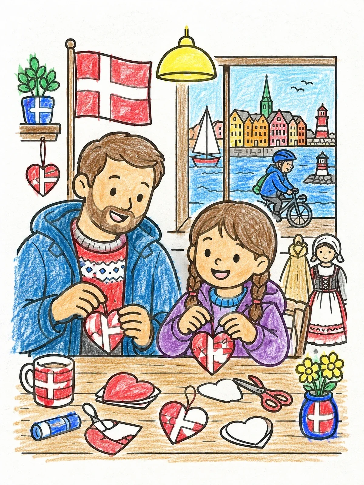 Colored example of the Father And Daughter Crafting Danish Hearts coloring page