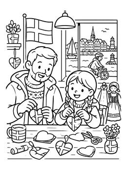 Free printable Father And Daughter Crafting Danish Hearts coloring page