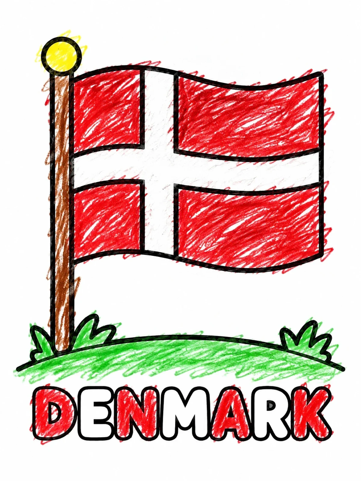 Colored example of the Denmark Flag With Bold Letters coloring page
