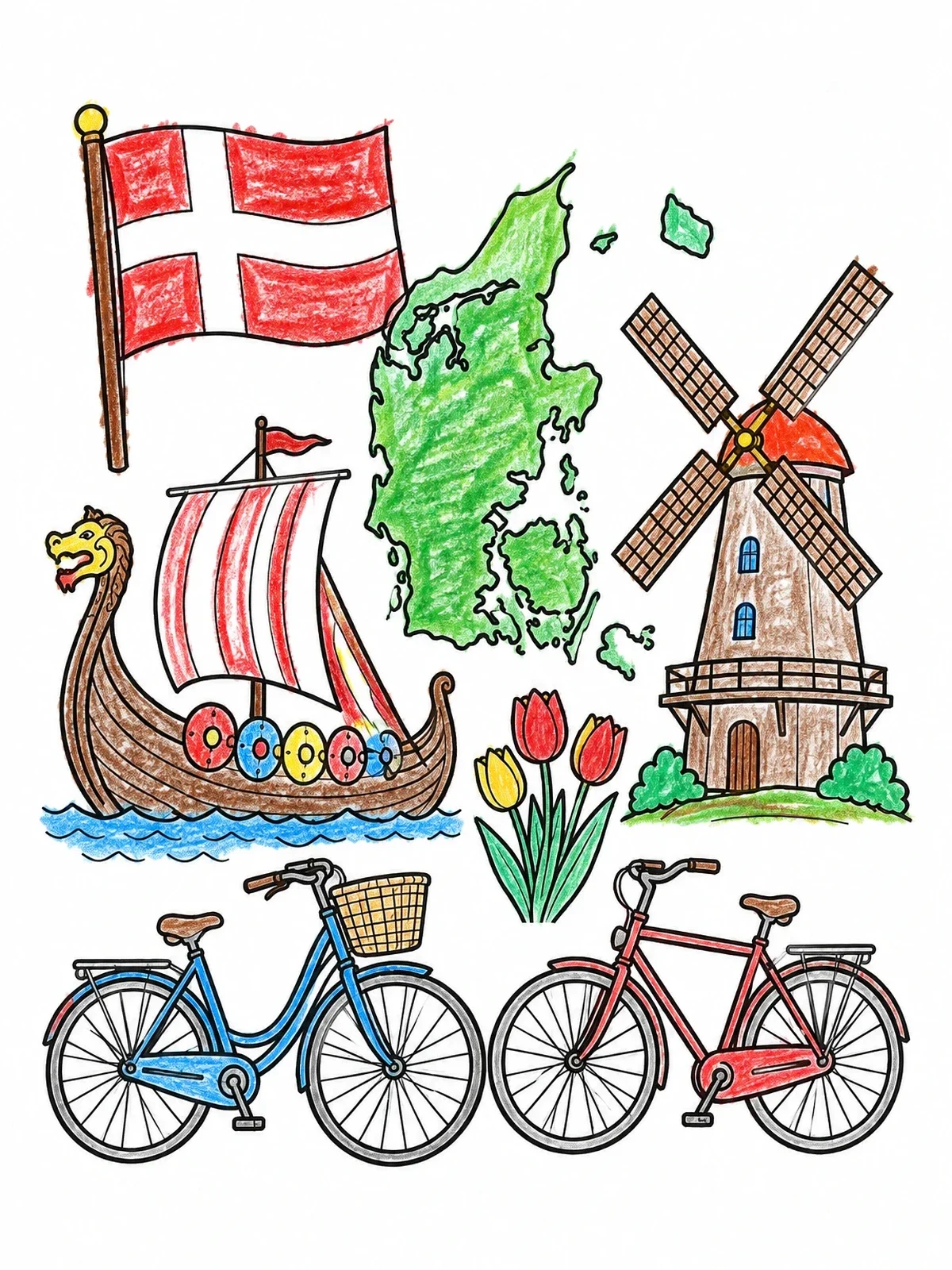 Colored example of the Denmark Icons And Landmarks Collage coloring page