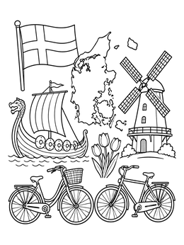 Free printable Denmark Icons And Landmarks Collage coloring page