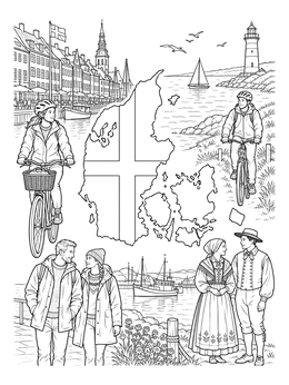 A denmark coloring page with a central map, cyclists, Nyhavn harbor, and coastal scenes.
