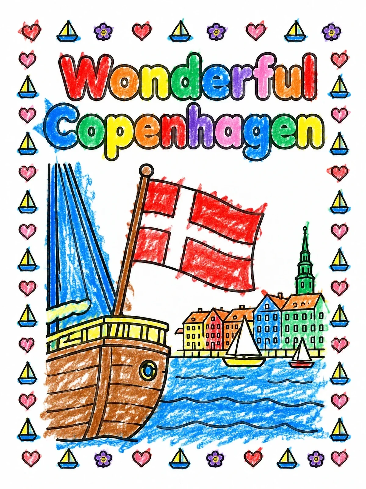 Colored example of the Wonderful Copenhagen Boat And Flag coloring page