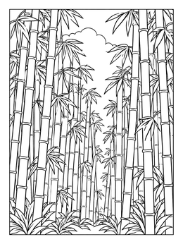 Serene bamboo coloring page featuring towering stalks and lush leaves under a sky.