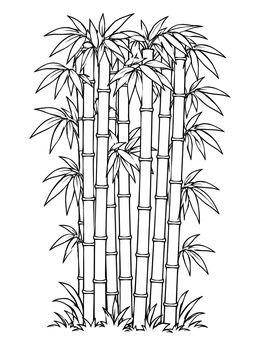 Detailed bamboo coloring page with tall stalks and pointed leaves growing from the grass.