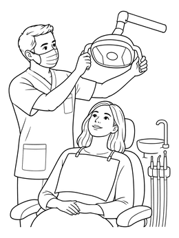 A friendly dentist adjusts the overhead light on this dentist coloring page.