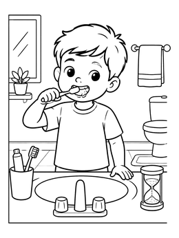 A young boy brushes his teeth by the sink in this dentist coloring page.