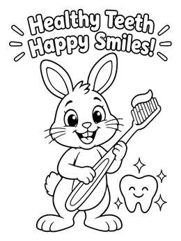 A cheerful cartoon bunny holds a toothbrush on this dentist coloring page.