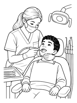 A dental hygienist polishing teeth in this detailed dentist coloring page.