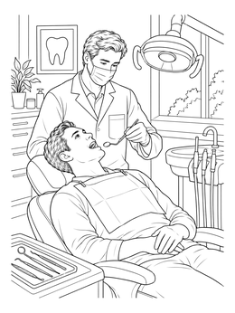A friendly dentist examining a patient in this realistic dentist coloring page.