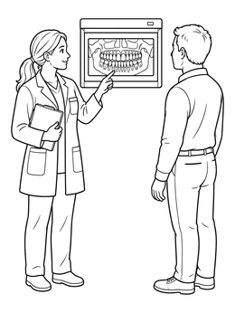 A friendly dentist coloring page showing a doctor pointing at an illuminated dental X-ray for her patient.