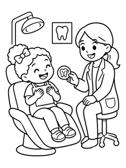 A friendly dentist coloring page showing a girl receiving a tooth sticker.