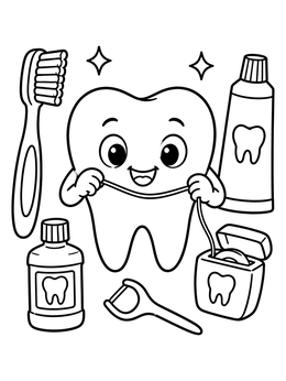 Free printable Happy Tooth Flossing Dental Care coloring page