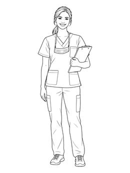 A friendly dentist coloring page featuring a woman in medical scrubs holding a chart clipboard.