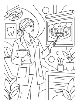 A friendly dentist coloring page showing a practitioner explaining an x-ray in her office.