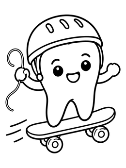 A happy tooth rides a skateboard on this cute dentist coloring page.