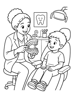 Friendly dentist showing a smiling boy a teeth model in this dentist coloring page.