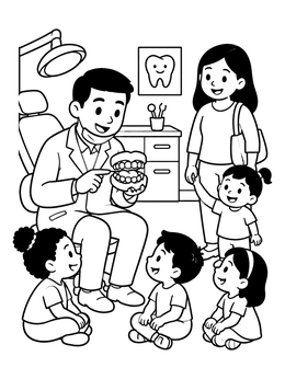 A friendly dentist coloring page showing a dentist explaining teeth to curious children.