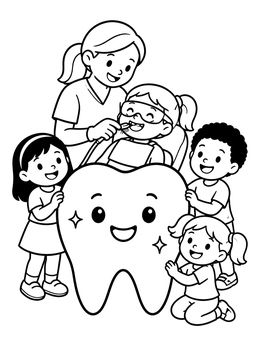 A friendly dentist and smiling kids gather around a huge tooth coloring page.