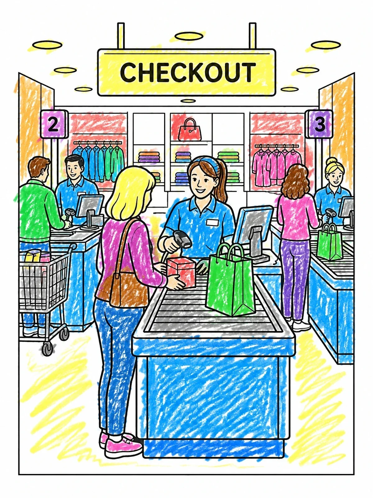 Colored example of the Busy Department Store Checkout Lanes coloring page