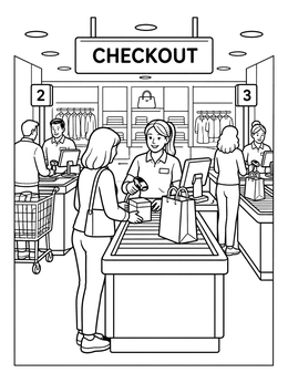 Free printable Busy Department Store Checkout Lanes coloring page
