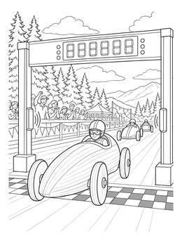 A soapbox racer crosses under the digital sensor gate in this derby car coloring page.
