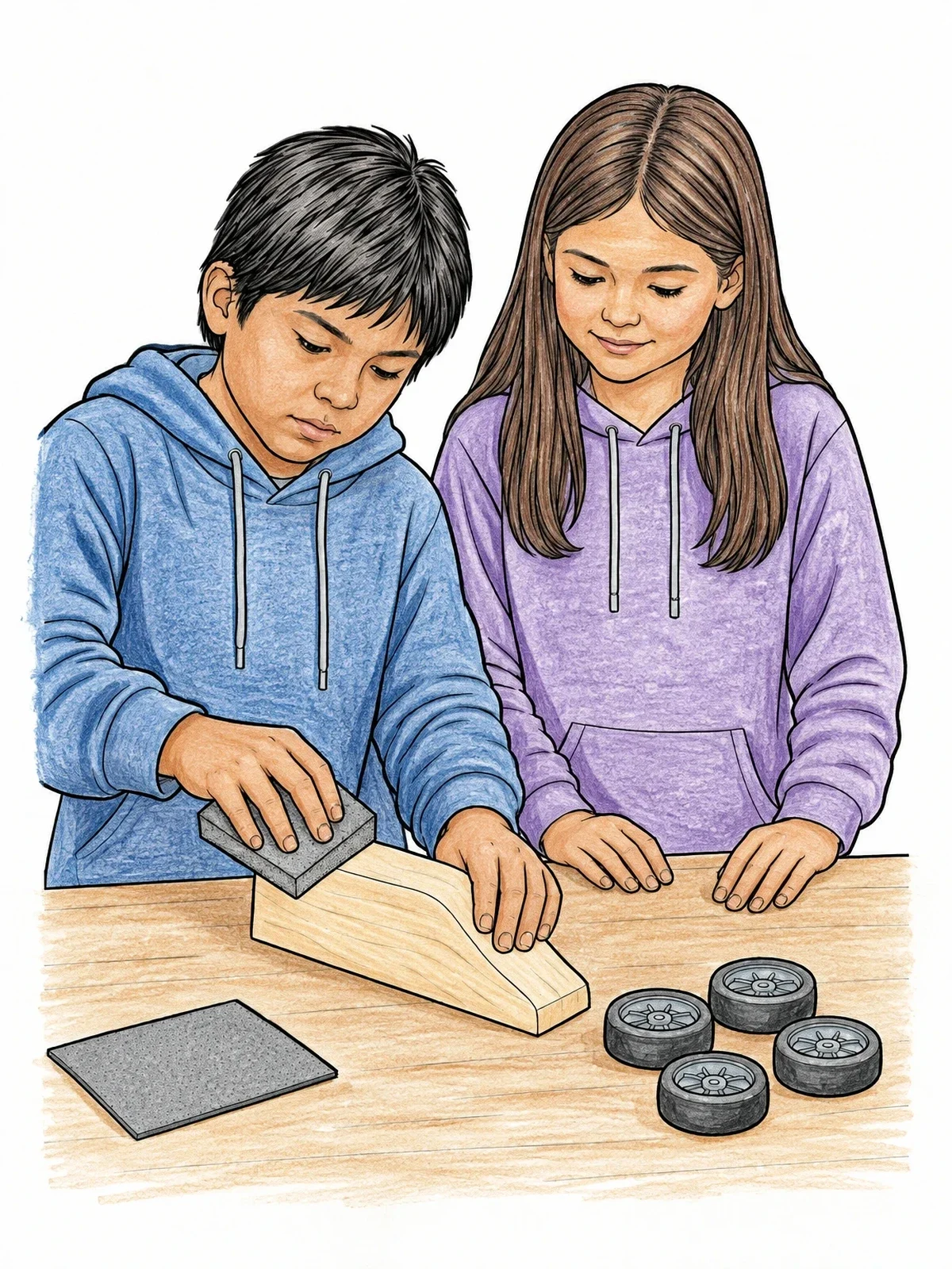 Colored example of the Kids Sanding A Pinewood Racer coloring page