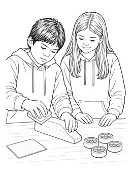 Two kids sanding a wooden car at a workbench in this derby car coloring page.