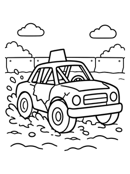 A derby car coloring page featuring a rugged vehicle splashing through an outdoor muddy arena.