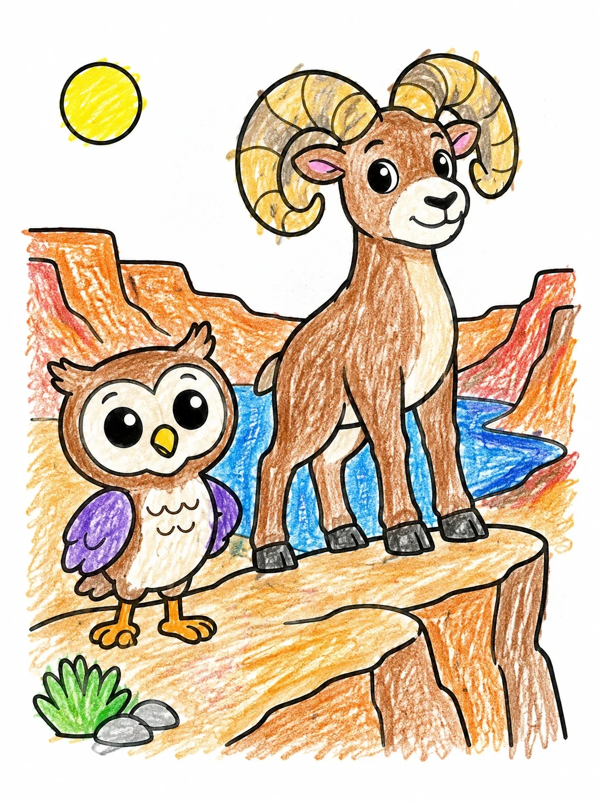 Colored example of the Bighorn Sheep And Little Owl On Cliff coloring page