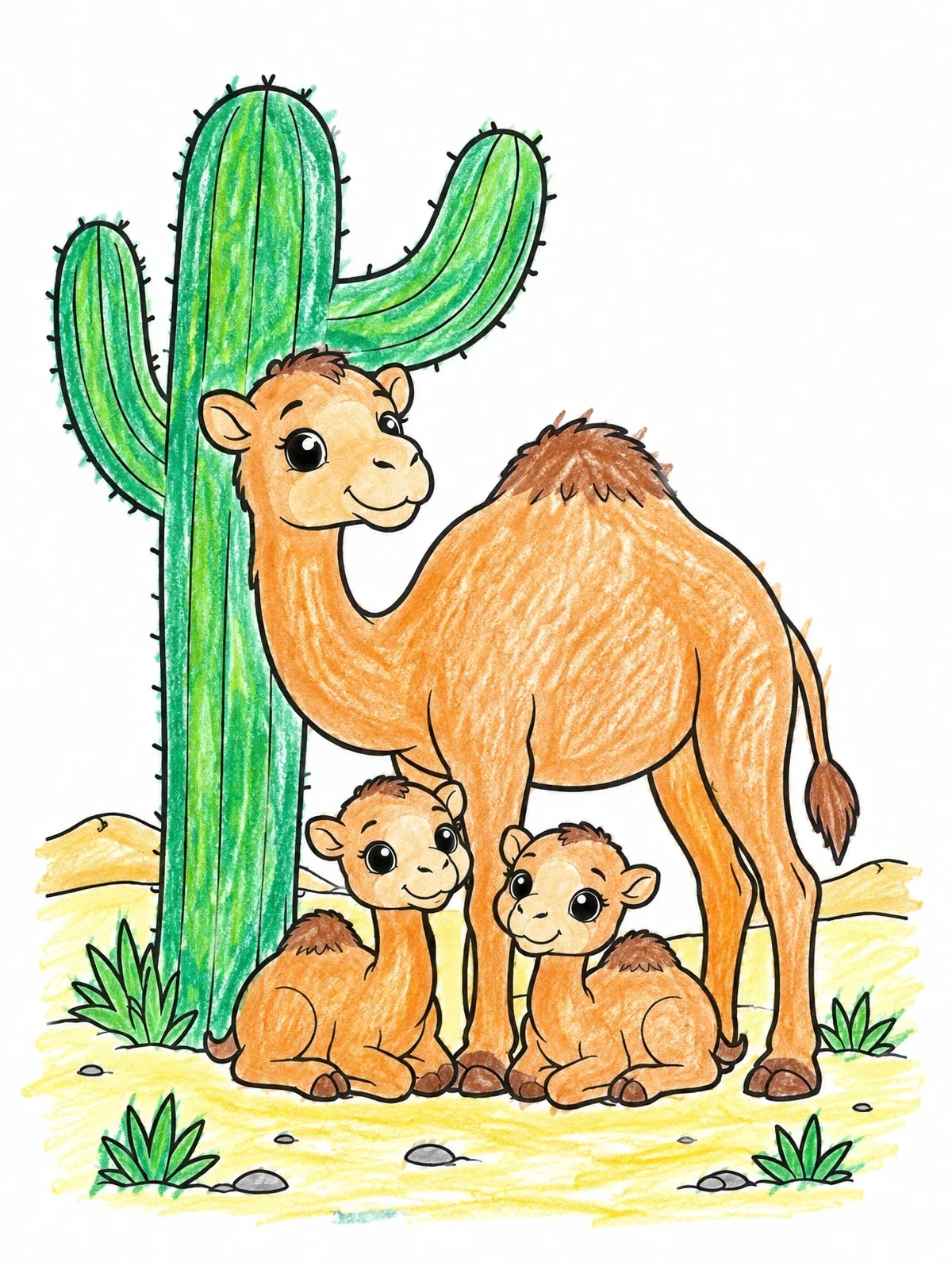 Colored example of the Camel Mother With Cute Calves coloring page