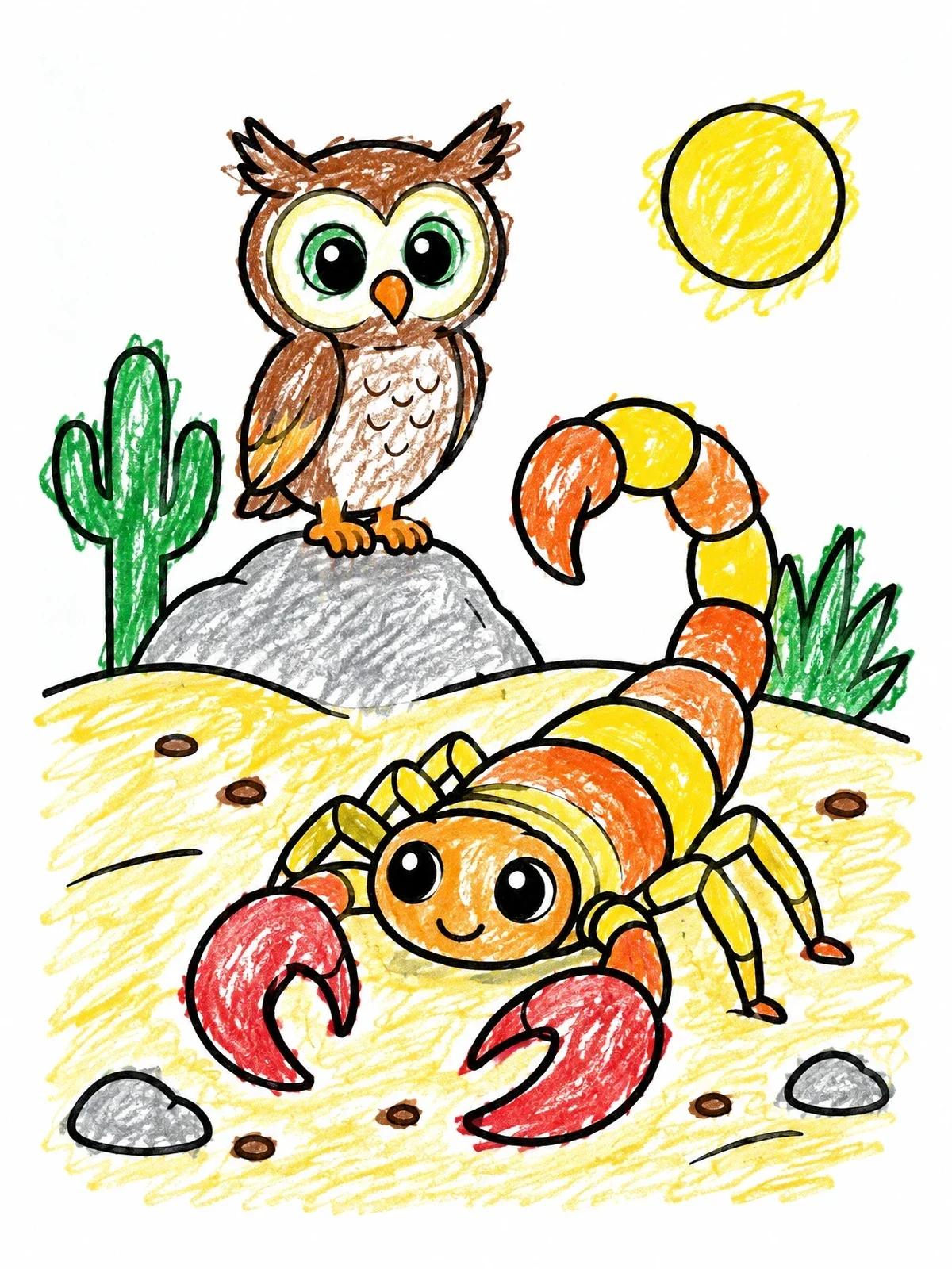 Colored example of the Cute Owl And Desert Scorpion coloring page