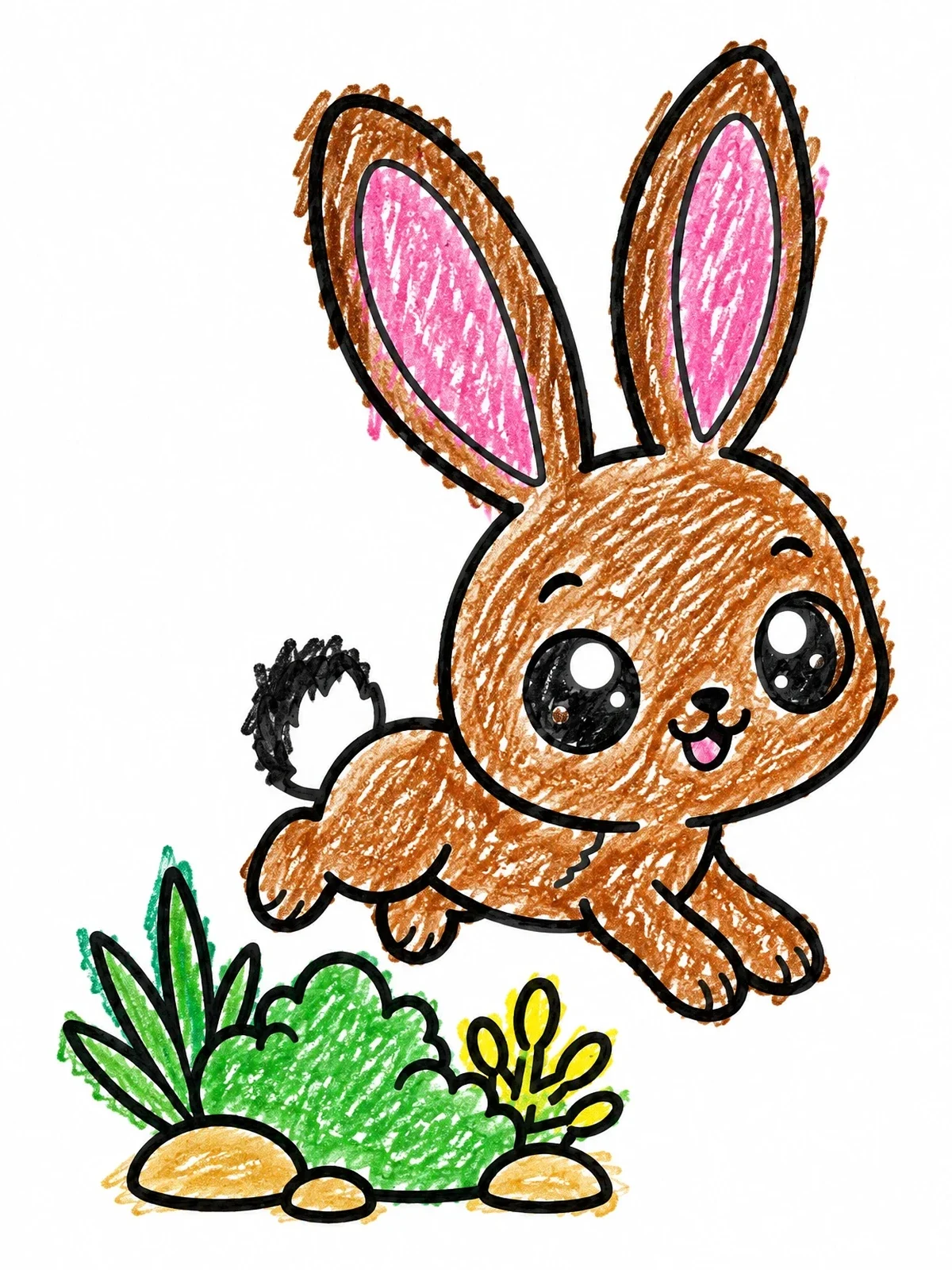 Colored example of the Cute Jackrabbit Hopping Over Shrubs coloring page