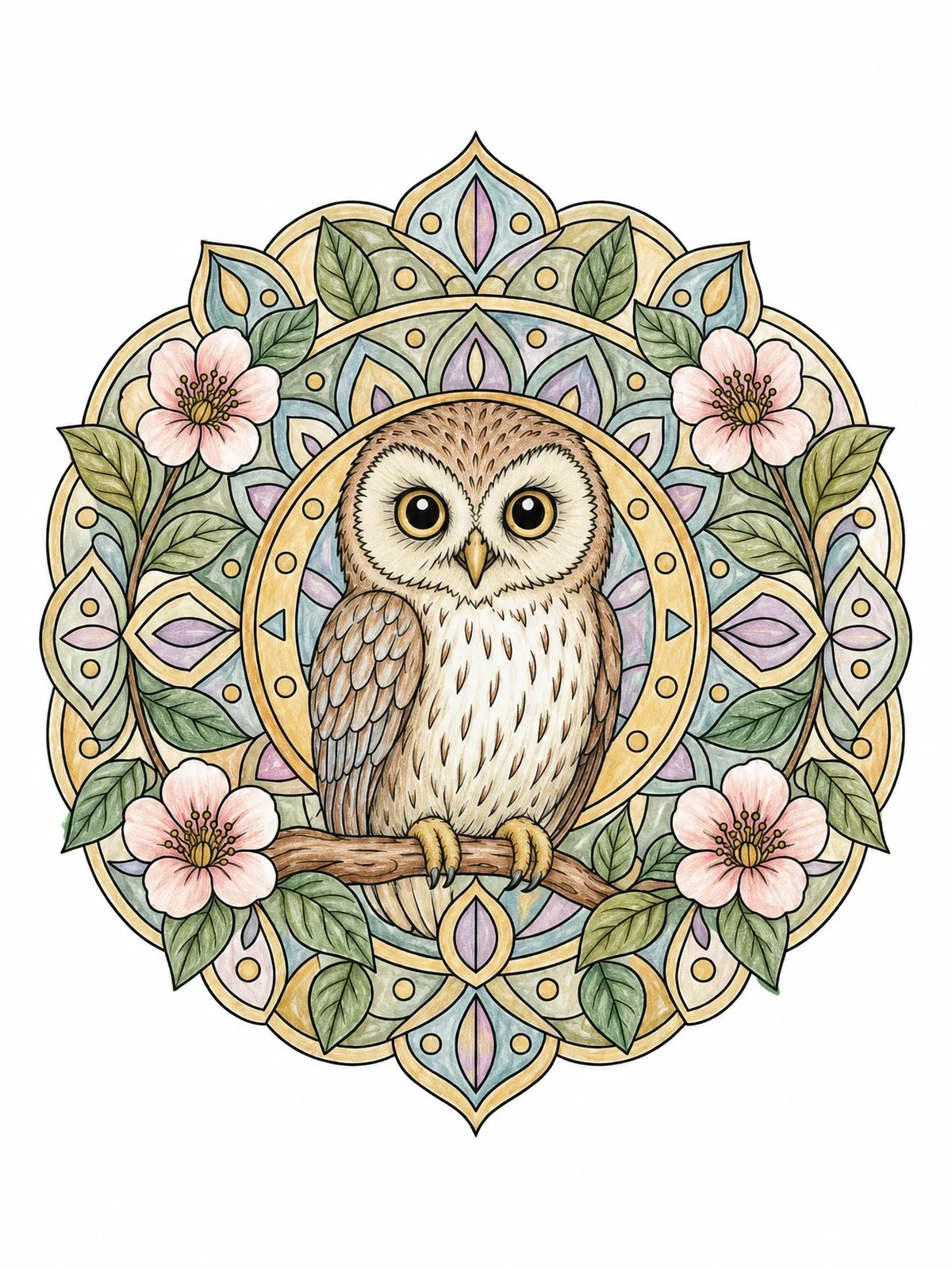 Colored example of the Elf Owl Mandala With Flowers coloring page