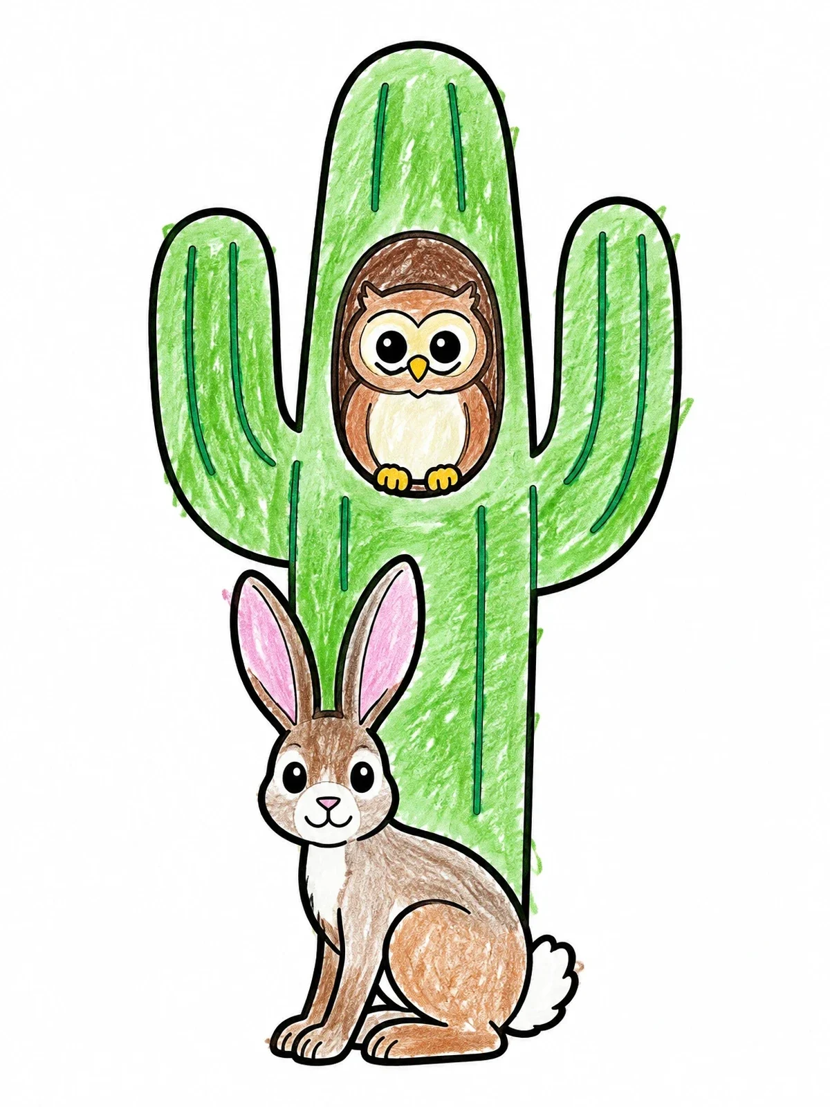Colored example of the Hare And Owl With Saguaro Cactus coloring page