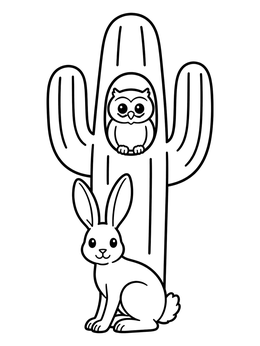 Free printable Hare And Owl With Saguaro Cactus coloring page
