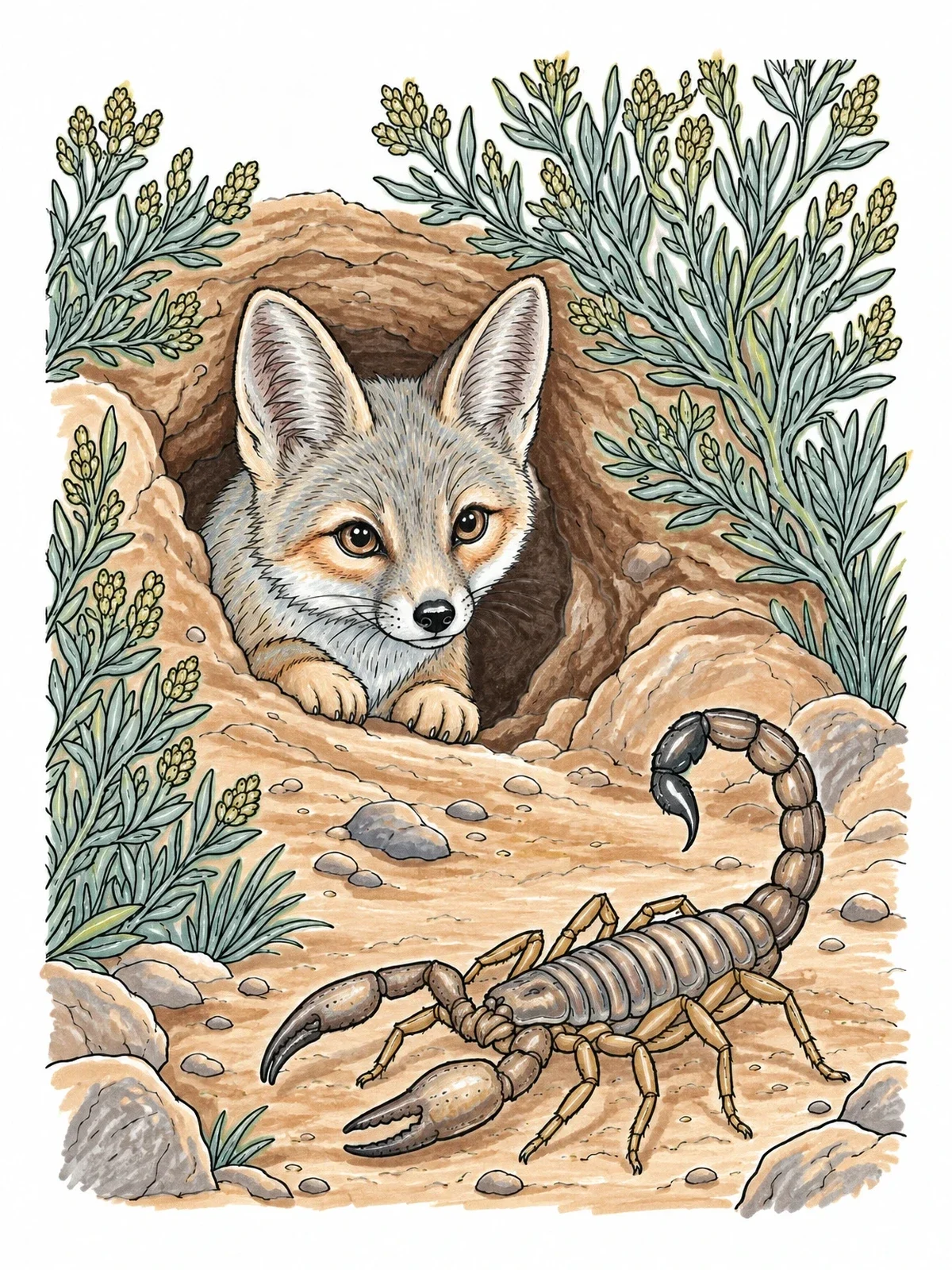 Colored example of the Kit Fox And Bark Scorpion coloring page