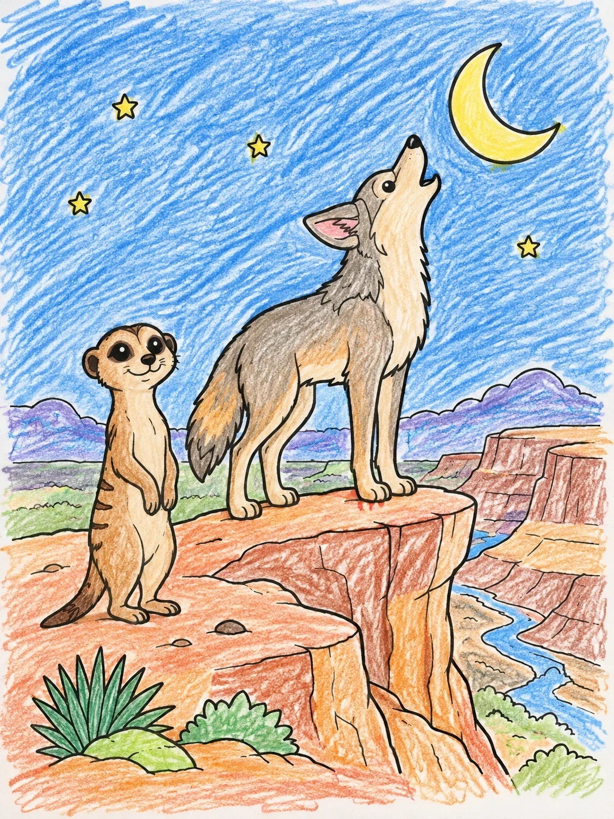 Colored example of the Meerkat And Howling Coyote At Night coloring page