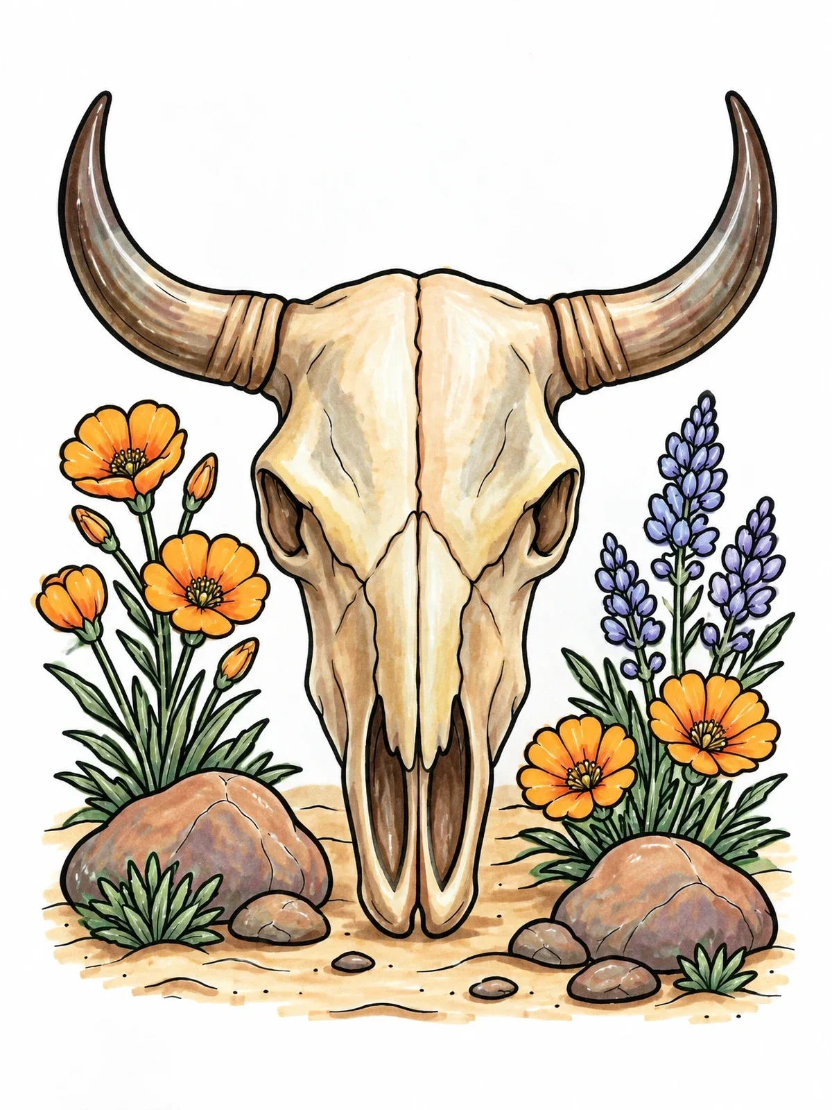 Colored example of the Desert Bull Skull And Wildflowers coloring page